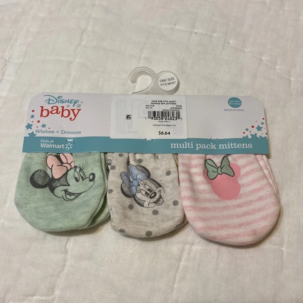 NEW Disney Minnie Mouse Baby Girl's Mittens, 3-Pack elastic scratch free infant